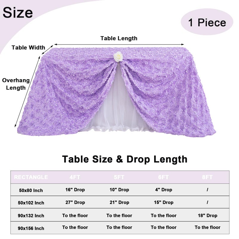 Fanqisi Lavender Tablecloth 50x80 Inches Rosette Satin Tablecloth 3D Rosette Rectangle Table Cover Wedding Banquet Party Baby Shower Decor Table Cloth - Image 4